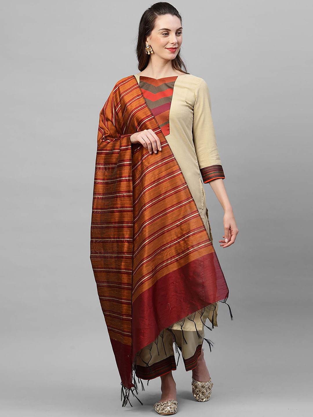 

Indo Era Women Beige Yoke Design Pure Cotton Kurta with Palazzos & With Dupatta