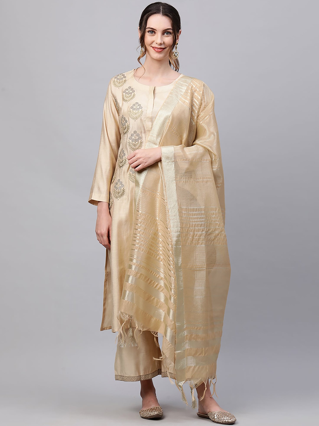 

Indo Era Women Beige Ethnic Motifs Embroidered Regular Liva Kurta with Palazzos & Dupatta