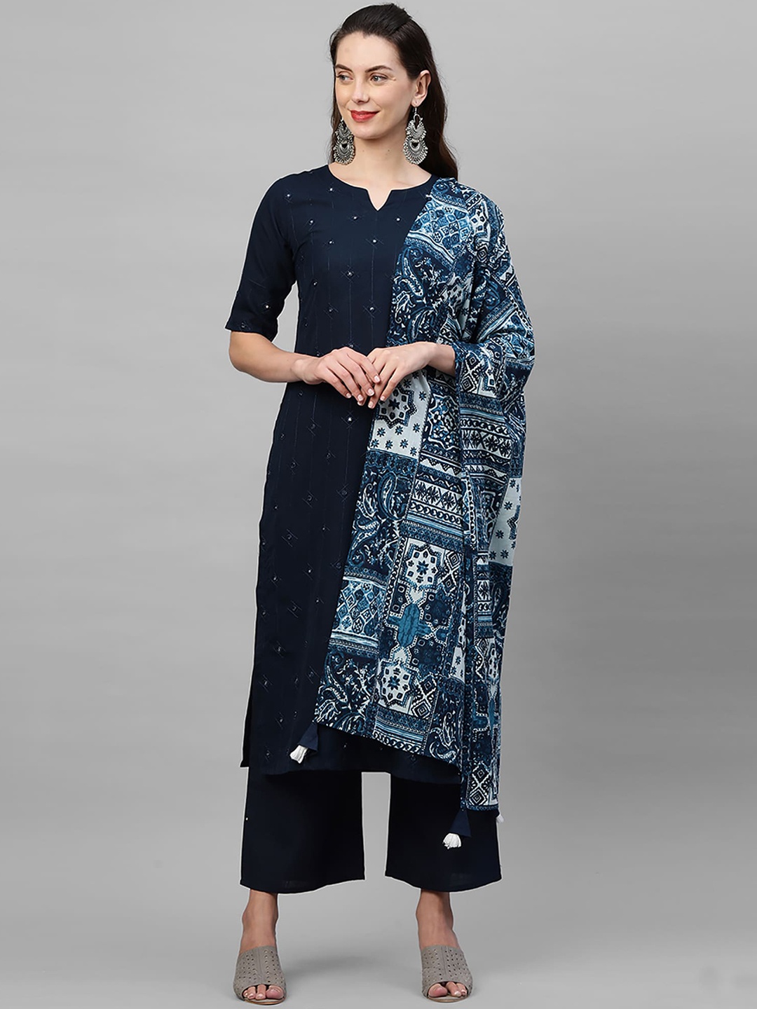 

Indo Era Women Navy Blue Embroidered Regular Mirror Work Kurta with Palazzos & Dupatta