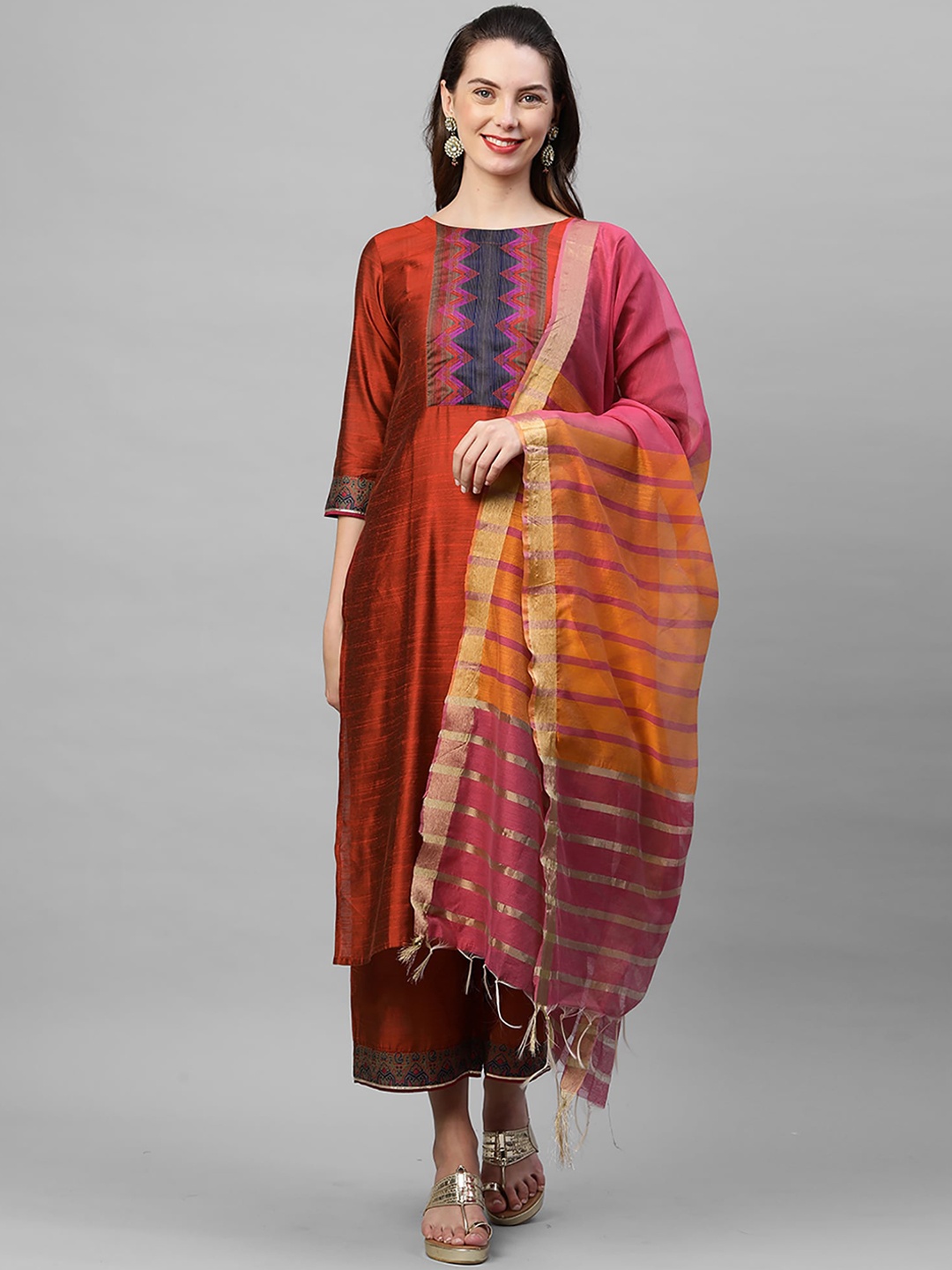 

Indo Era Women Orange Yoke Design Regular Kurta with Palazzos & Dupatta