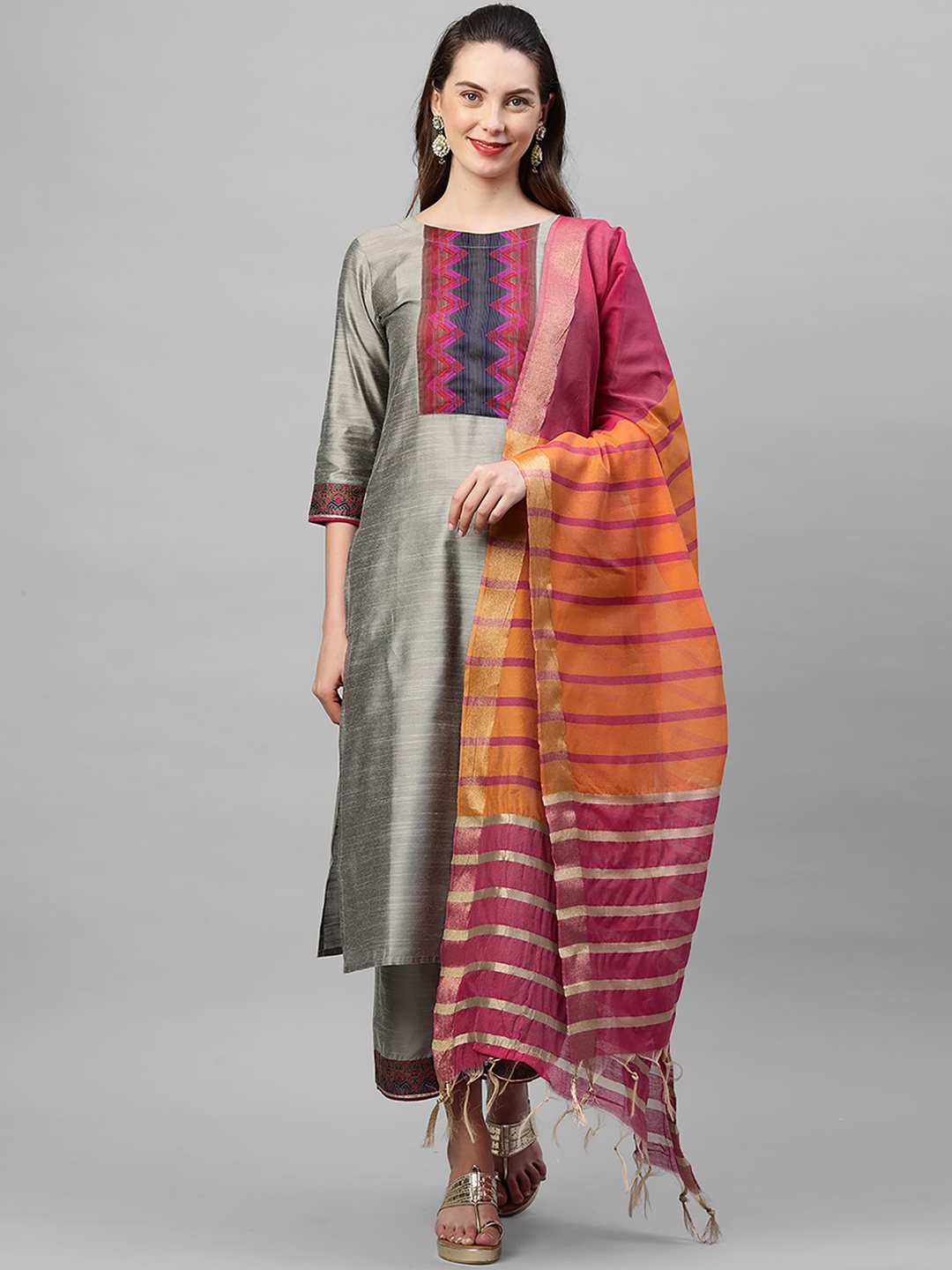 

Indo Era Women Grey Yoke Design Regular Kurta with Palazzos & Dupatta