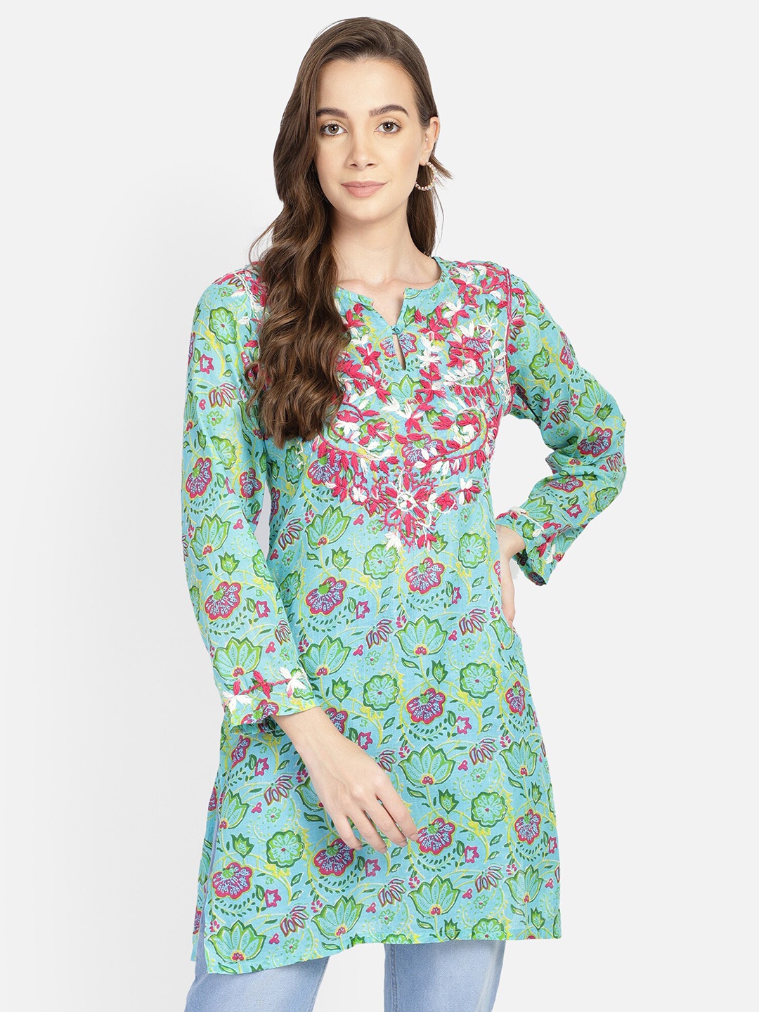 

Aditi Wasan Women Turquoise Blue & Pink Floral Hand Embroidered Tunic