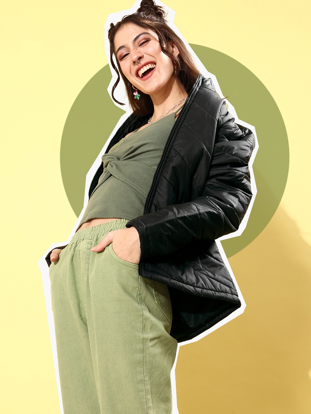 

HERE&NOW Women Black Solid Quilt In Comfort Jacket
