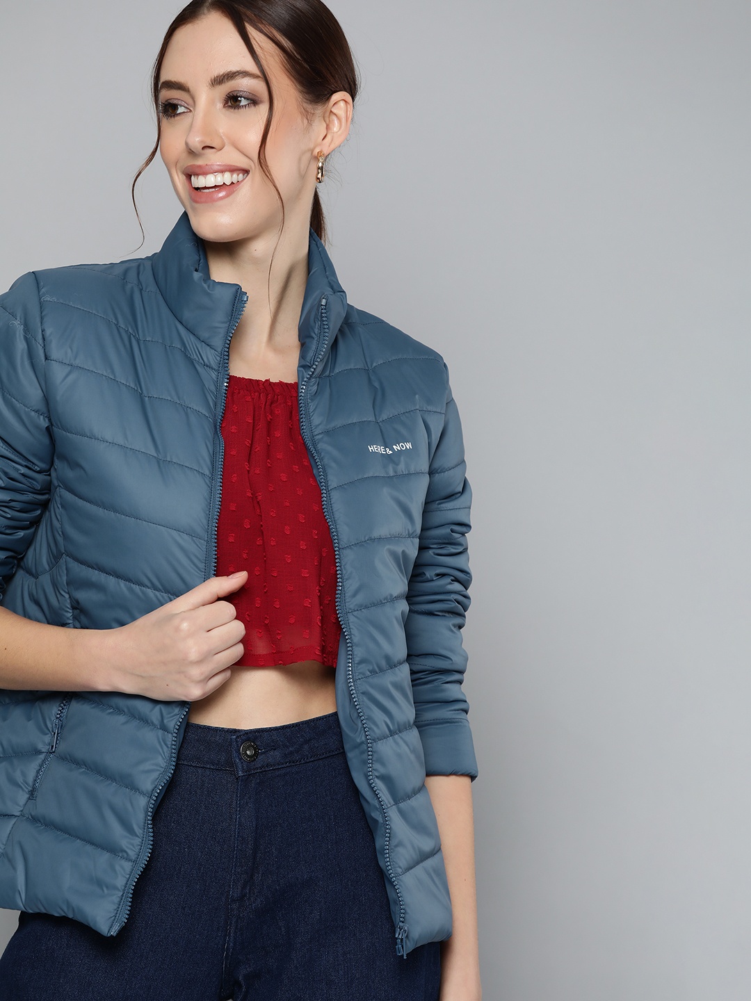 

HERE&NOW Women Teal Blue Solid Padded Jacket