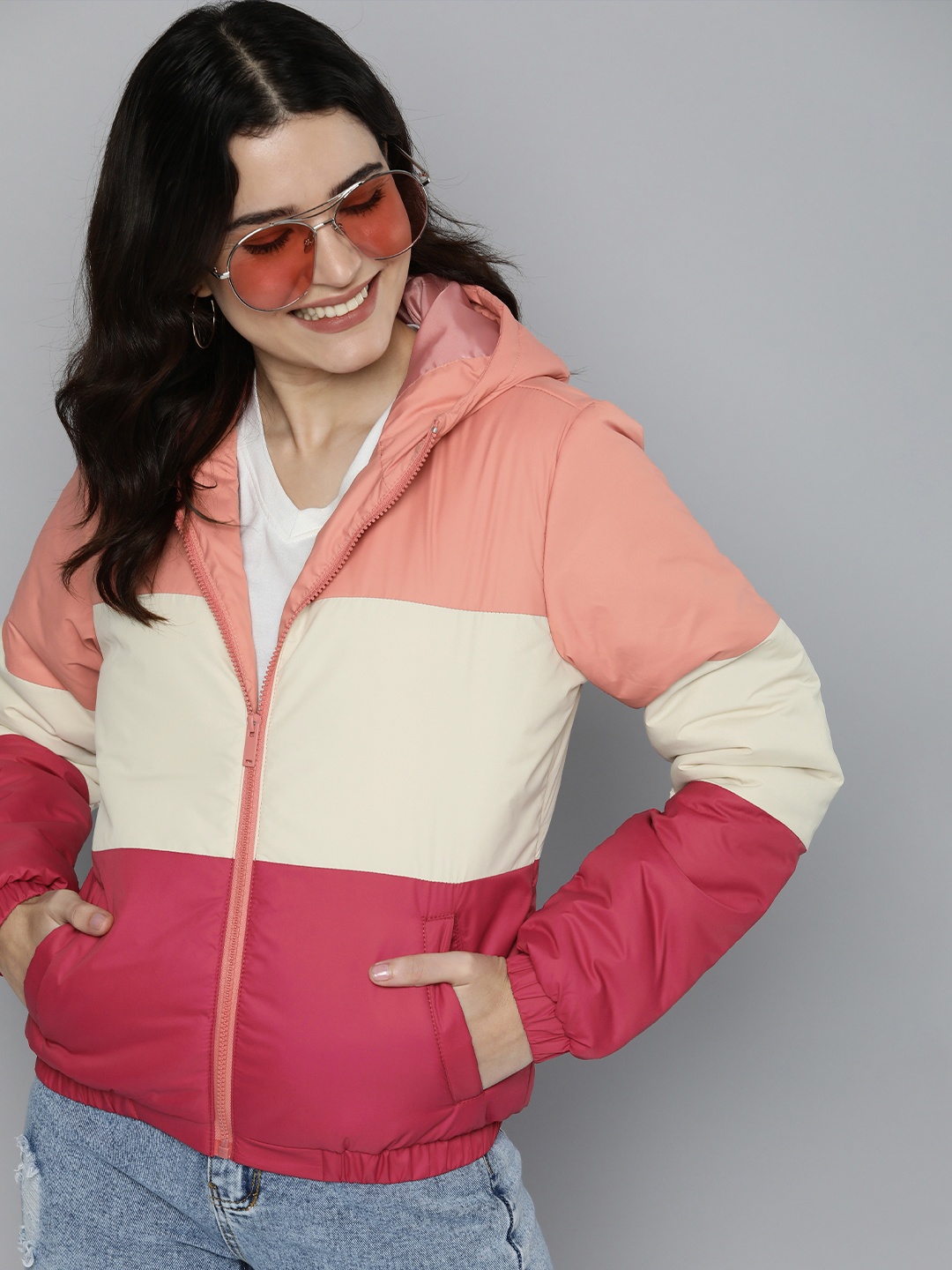 

HERE&NOW Women Peach And White Colourblocked Hooded Bomber Jacket