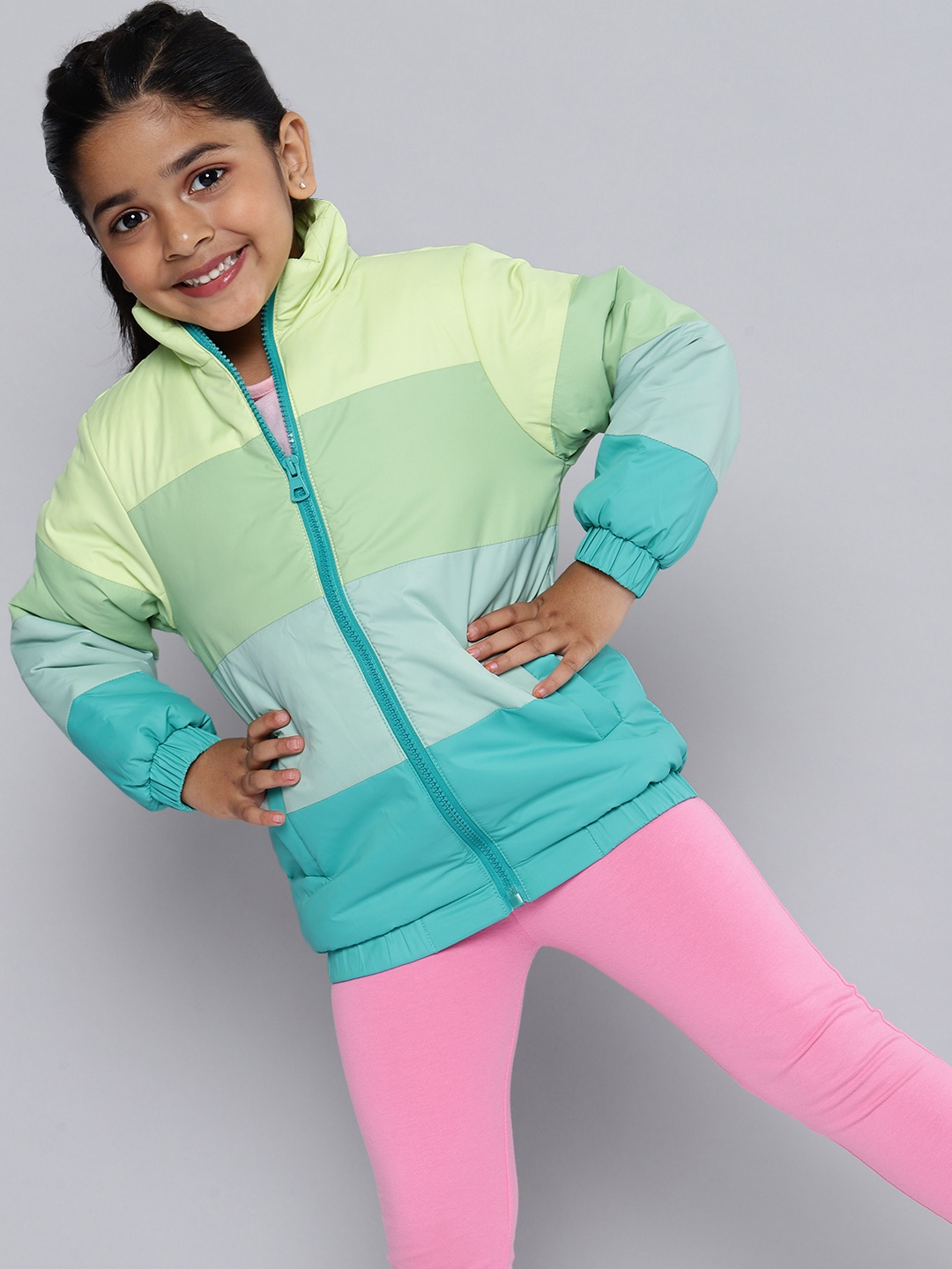 

HERE&NOW Girls Yellow & Turquoise Blue Colourblocked Padded Jacket