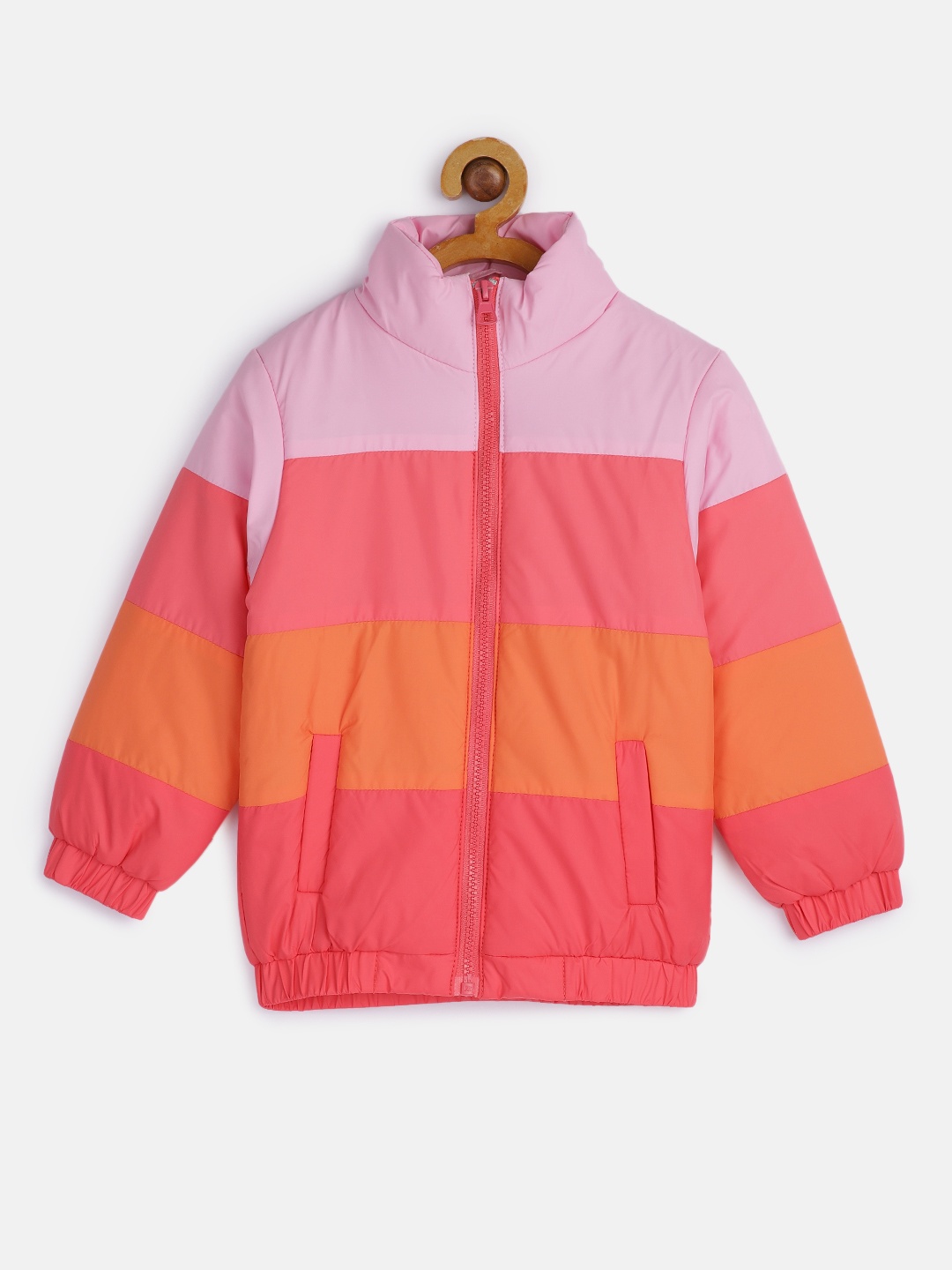

HERE&NOW Girls Pink & Orange Colourblocked Padded Jacket
