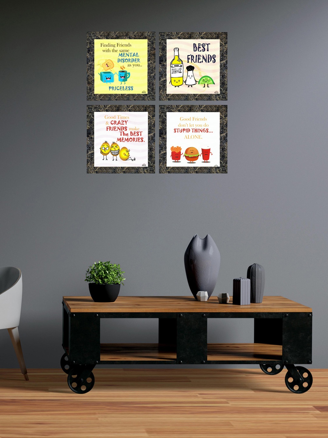 

Indianara Set Of 4 Yellow & Black Printed Framed Wall Art