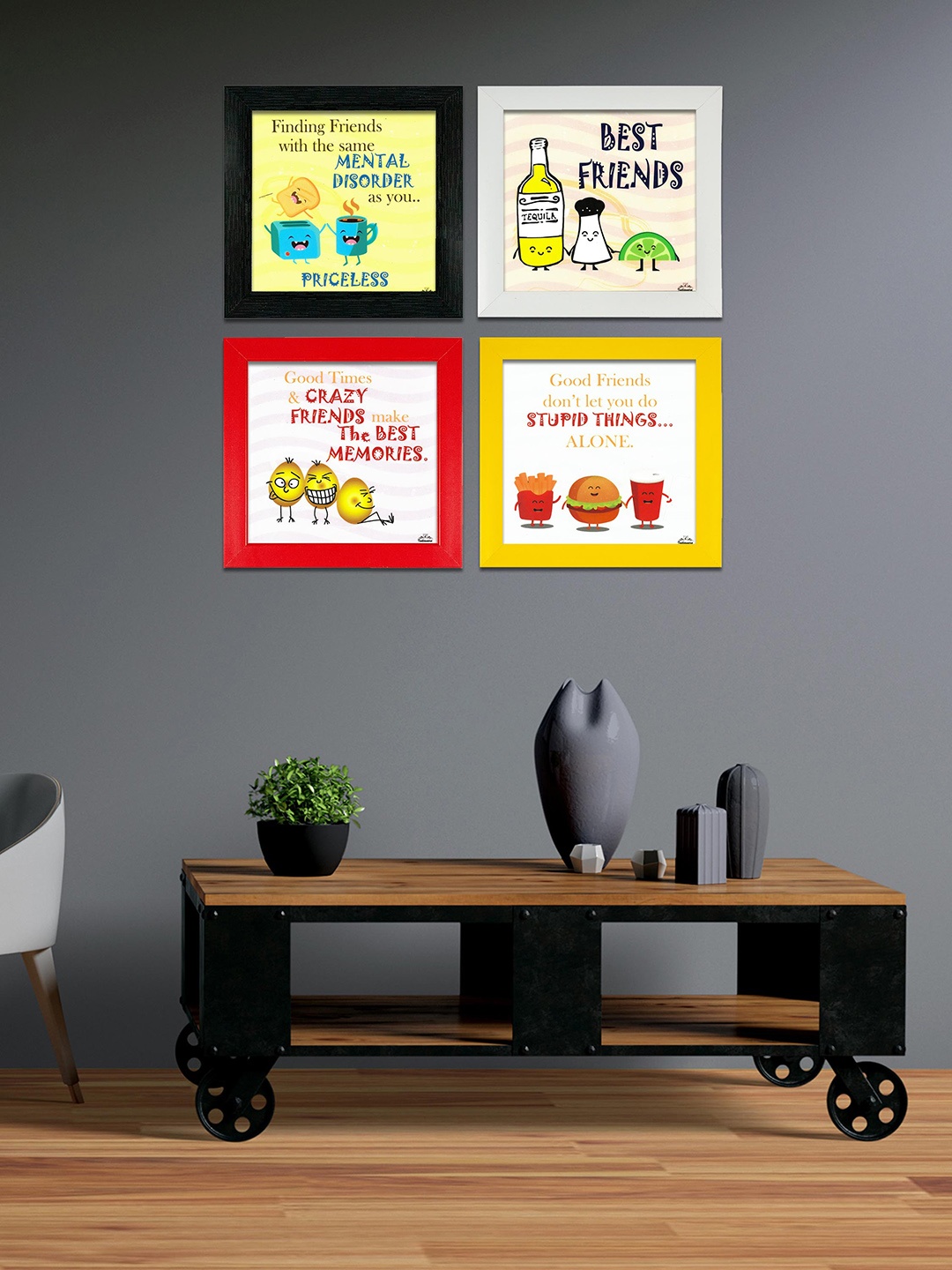 

Indianara Set Of 4 White & Yellow Printed Framed Wall Art