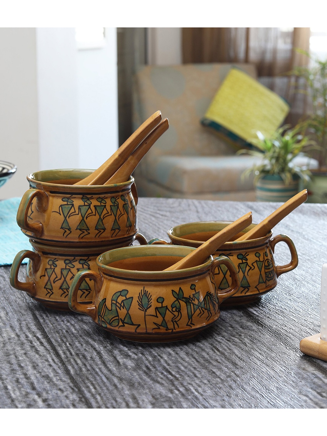 

Miah Decor Pack of 4 Ceramic Hand Painted Warli Art Soup Bowls, Brown