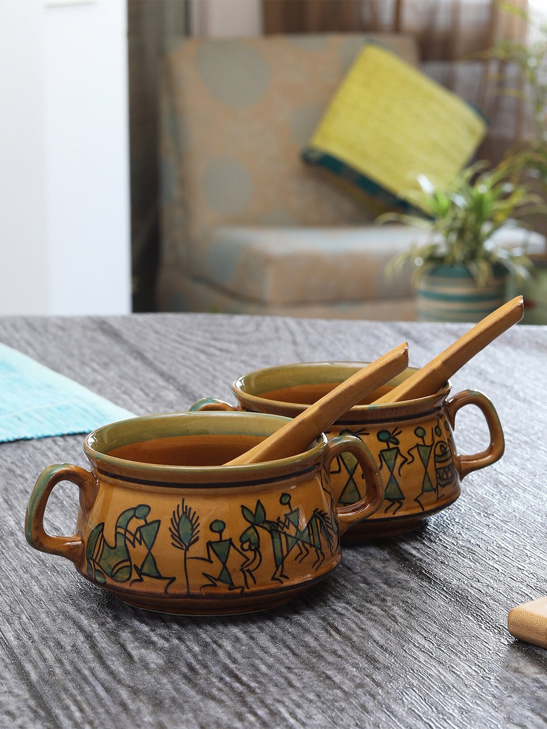 

Miah Decor Pack of 2 Ceramic Hand Painted Warli Art Soup Bowls, Brown