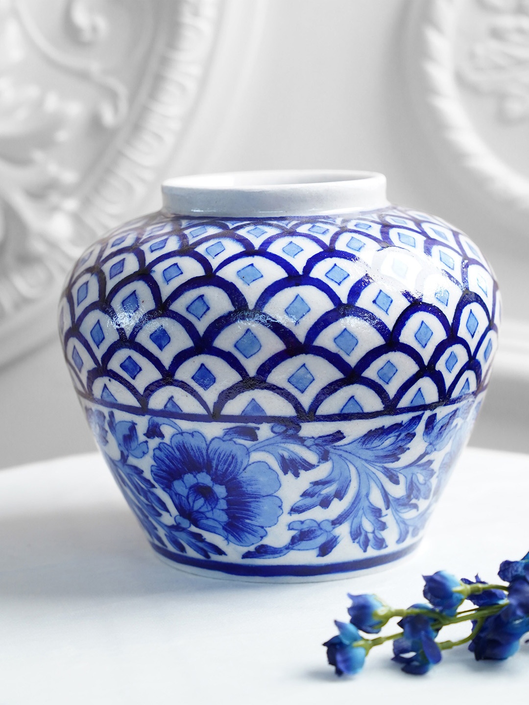 

Folkstorys White & Blue Cerulean Handcrafted & Handpainted Vase