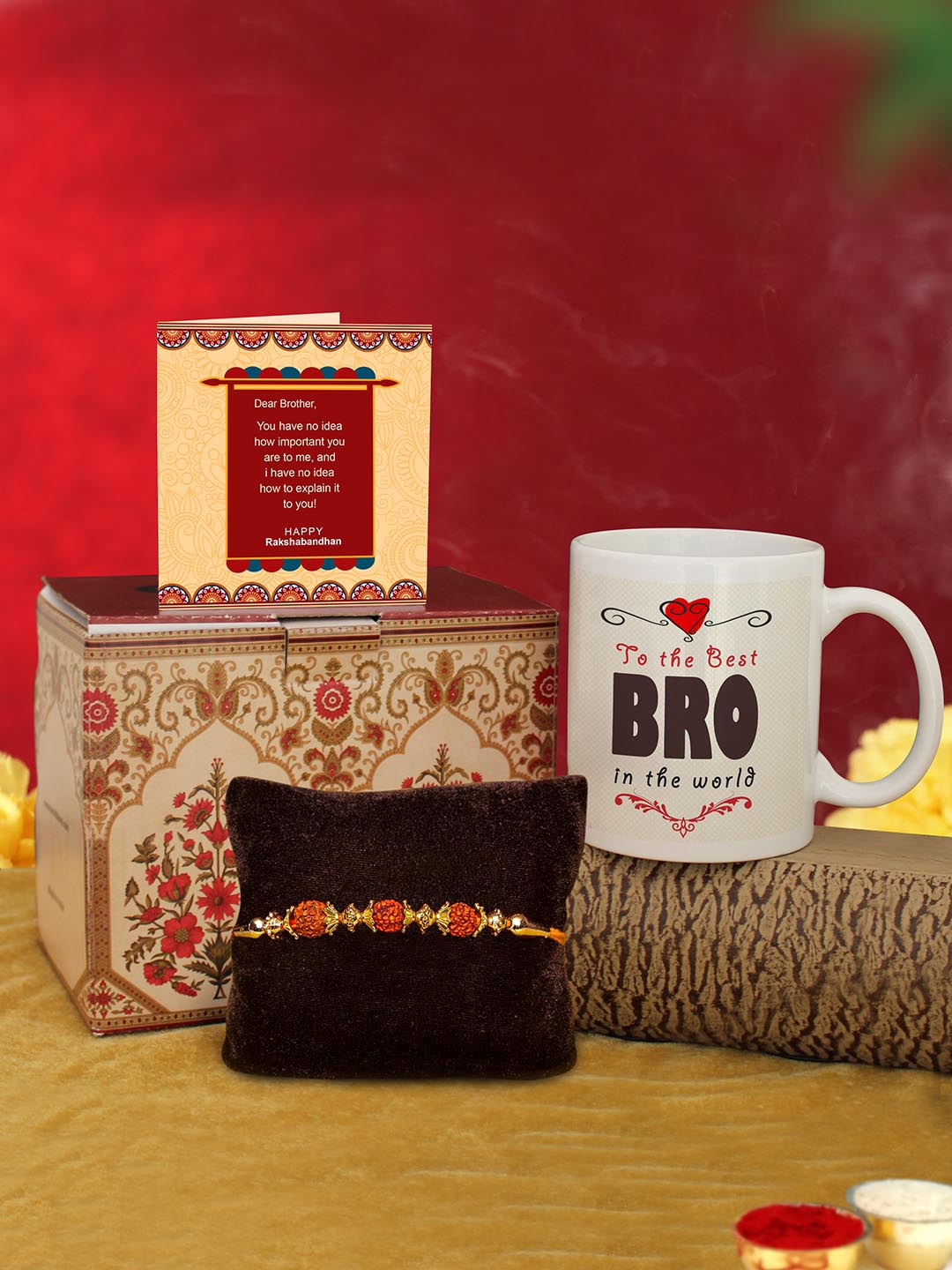 

TIED RIBBONS Gift for Brother Rudraksh Rakhi, Coffee Mug & Greeting Card Combo, Red
