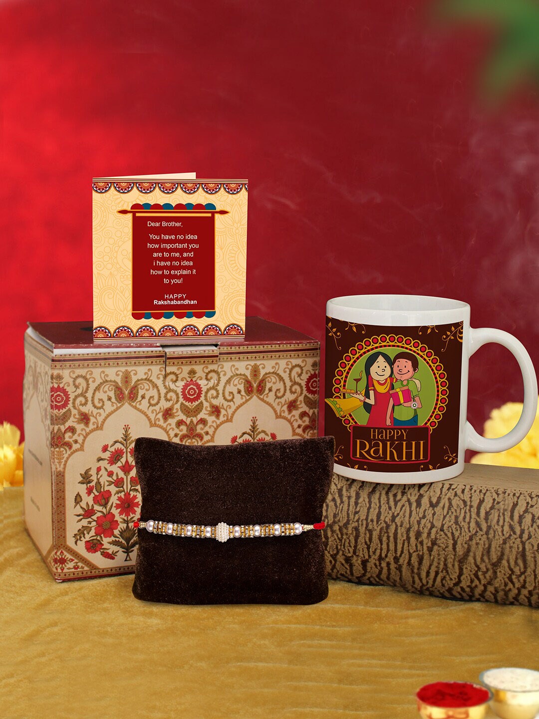 

TIED RIBBONS White & Brown 4-Pieces Coffee Mug & Rakhi Gift Set, Multi