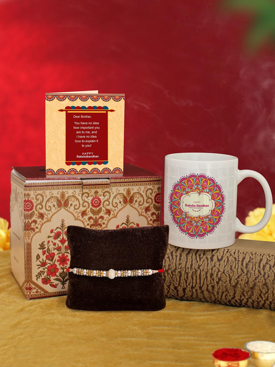 

TIED RIBBONS Gift for Brother Bracelet Rakhi with Coffee Mug & Mini Card Combo, Red