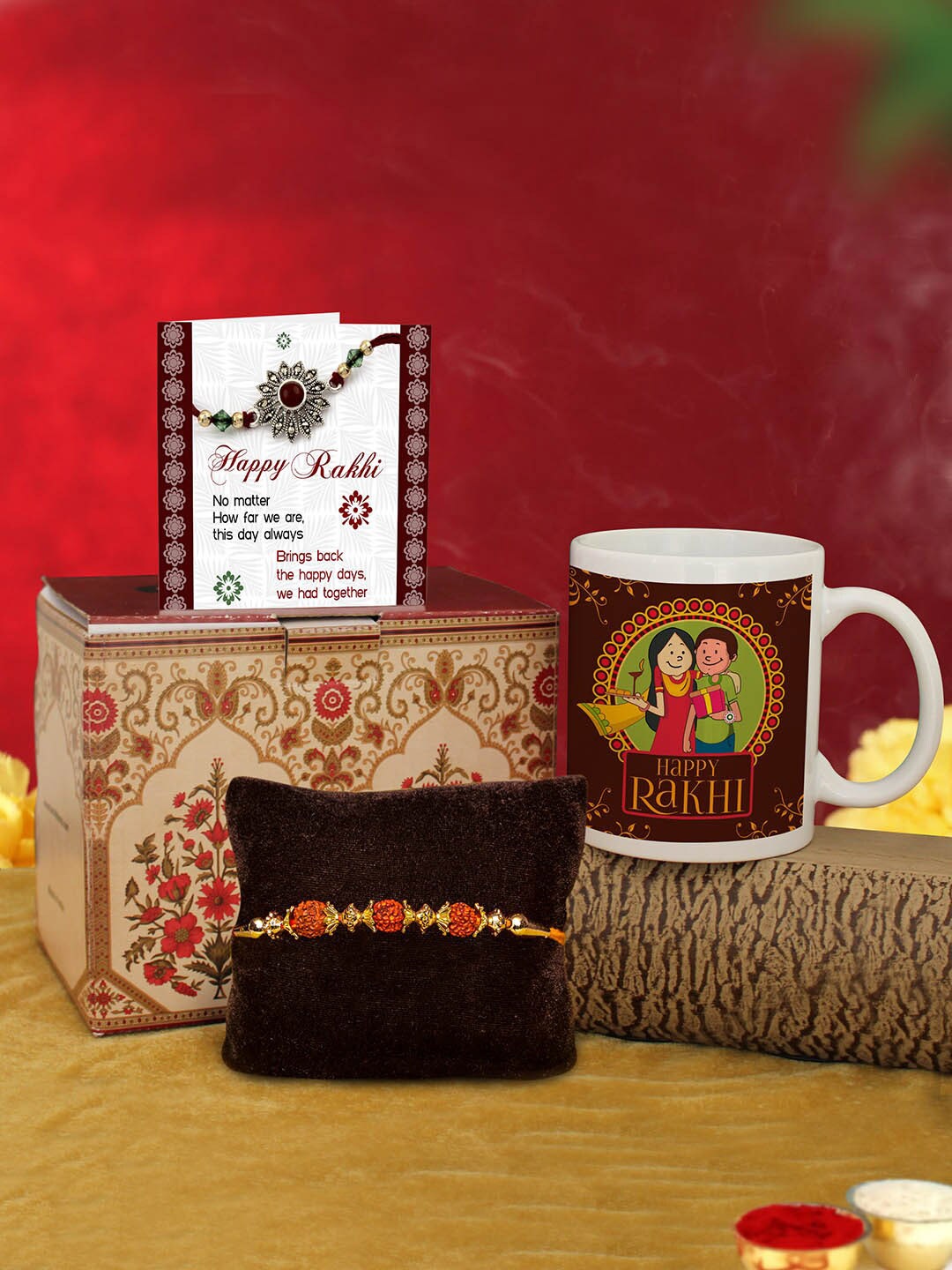 

TIED RIBBONS White & Brown 4-Pieces Coffee Mug & Rakhi Gift Set