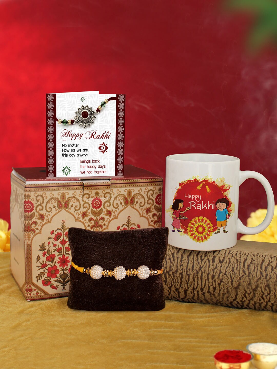

TIED RIBBONS Gift for Brother Rakhi with Coffee Mug & Greeting Card Hamper Set, Gold