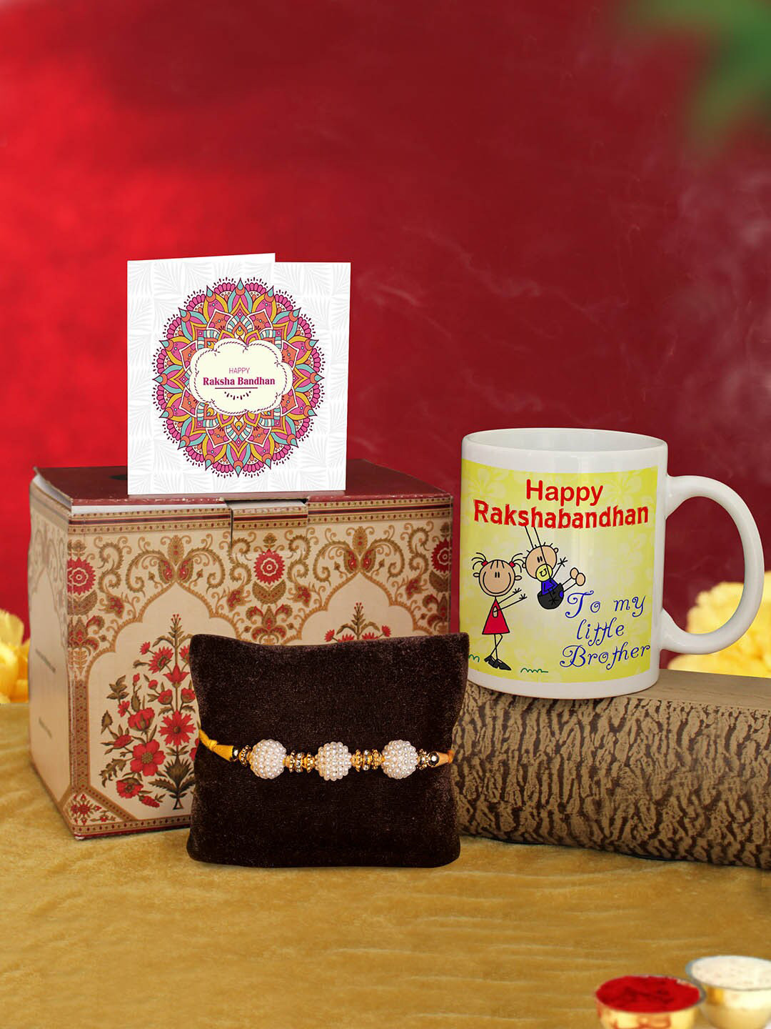 

TIED RIBBONS White & Yellow 4-Pieces Coffee Mug & Rakhi Gift Set
