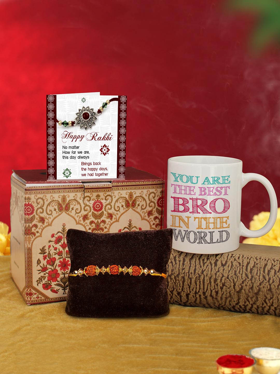 

TIED RIBBONS White & Red 4-Pieces Coffee Mug & Rakhi Gift Set