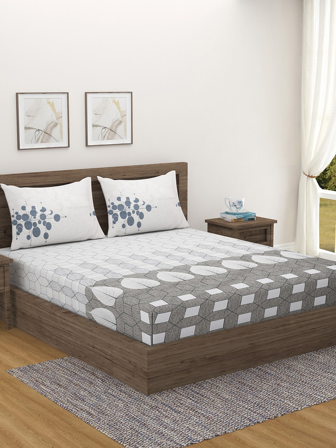

SWAYAM White & Grey Geometric 240 TC Cotton King Bedsheet with 2 Pillow Covers