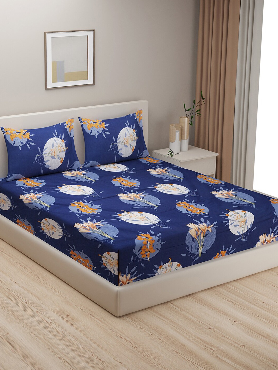 

SWAYAM Navy Blue & White Floral King Bedsheet with 2 Pillow Covers