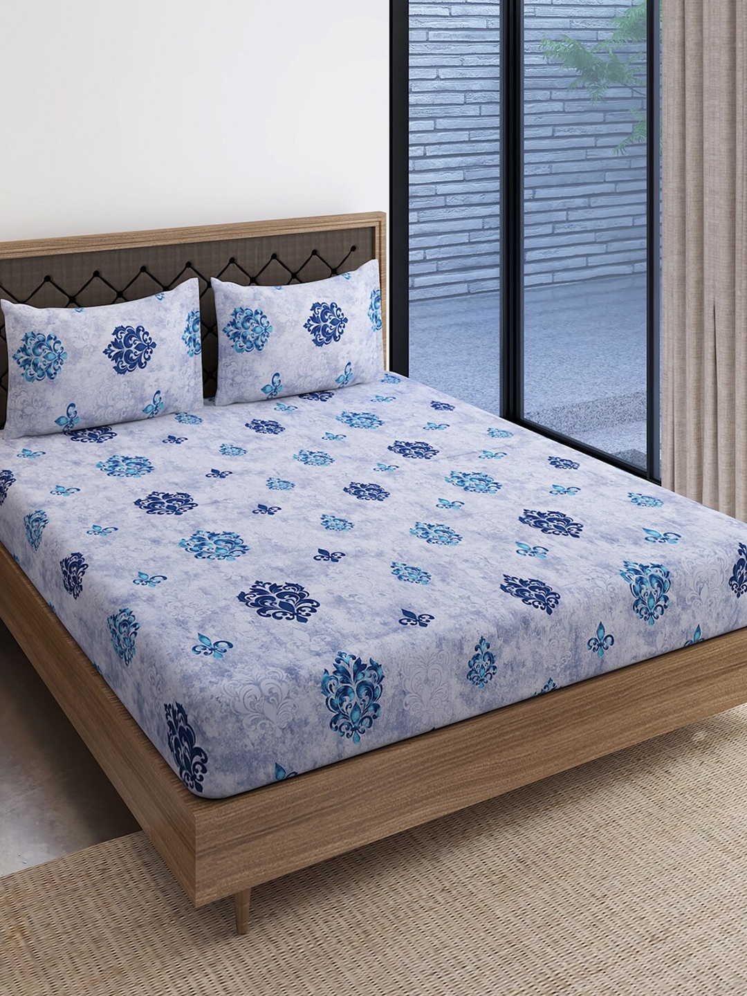 

SWAYAM Blue Ethnic Motifs 240 TC Cotton King Bedsheet with 2 Pillow Covers