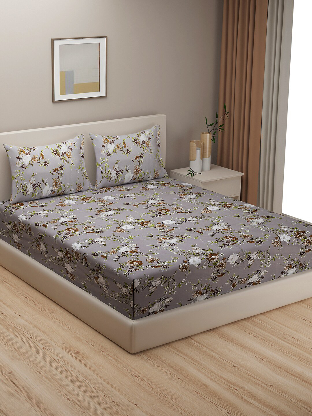 

SWAYAM Grey & Brown Floral King Bedsheet with 2 Pillow Covers