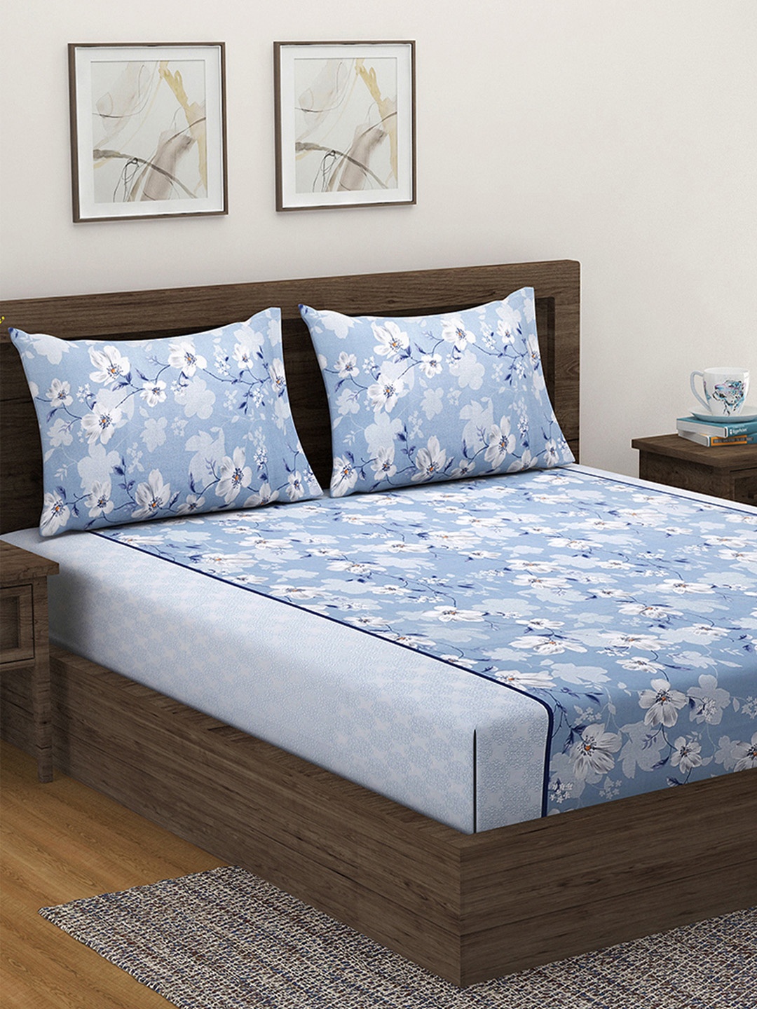 

SWAYAM Sparkle Blue Floral 144 TC King Fitted Bedsheet Set