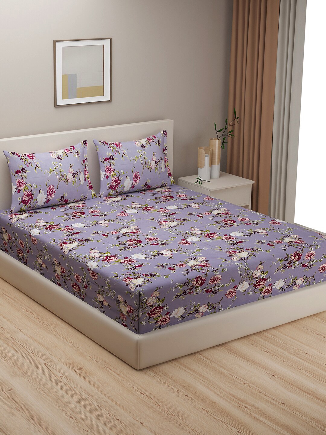 

SWAYAM Grey & Maroon Floral 240 TC Cotton King Bedsheet with 2 Pillow Covers