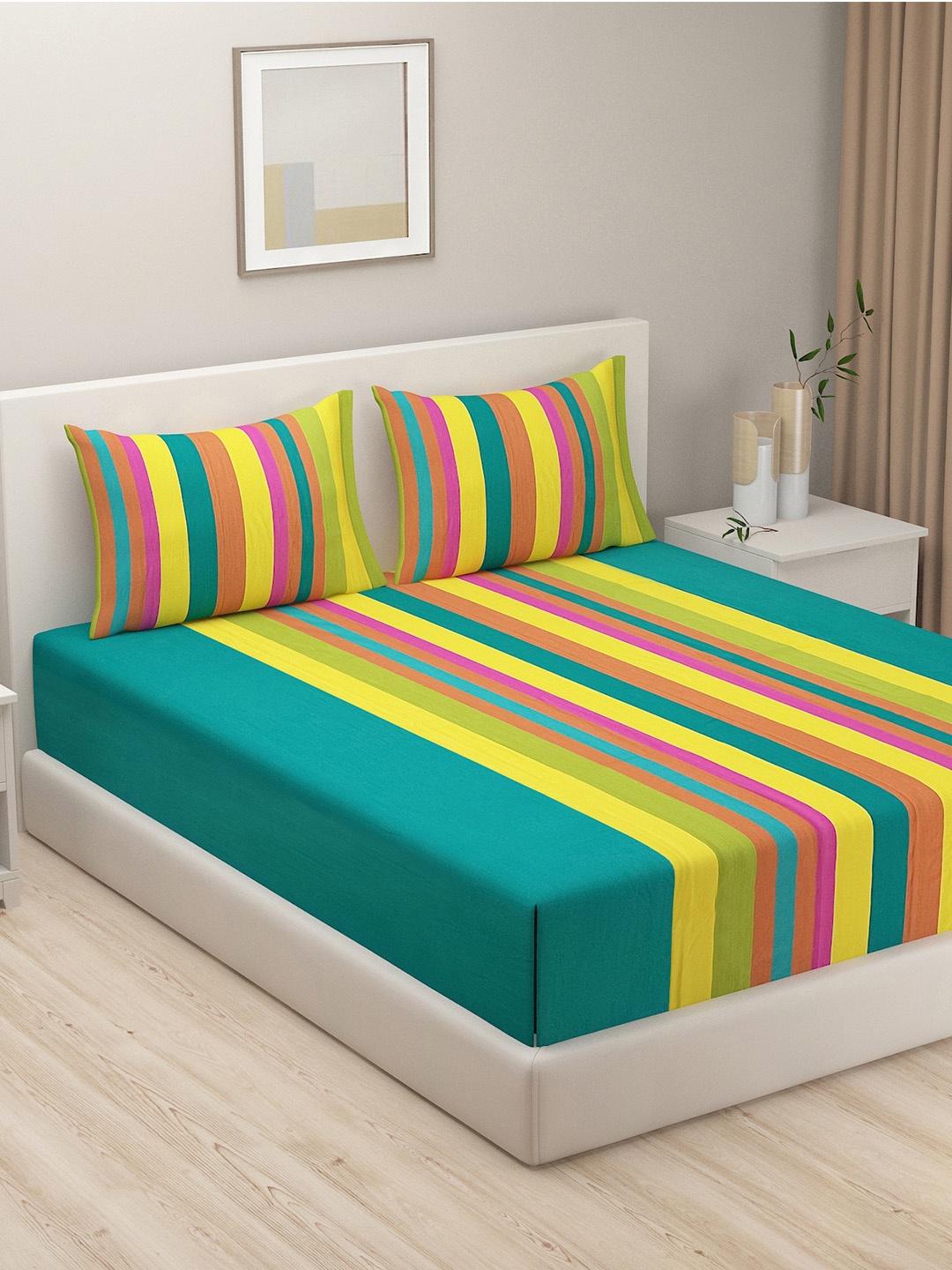 

SWAYAM Green Megical Linea Striped 240 TC 100% Cotton King Fitted Bedsheet Set