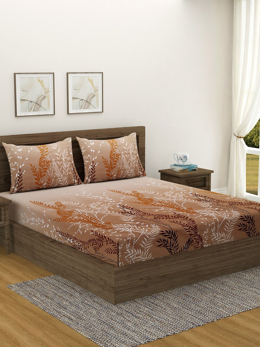 

SWAYAM Brown & White Floral King Bedsheet with 2 Pillow Covers