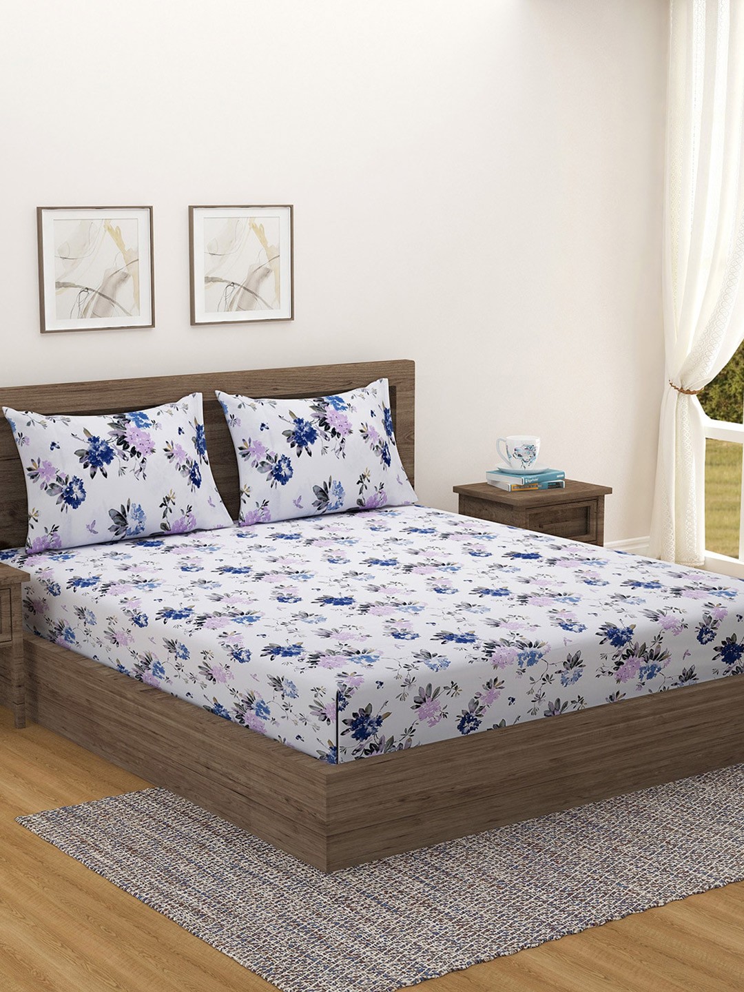 

Swayam Blue Floral Ananda 210TC Pure Cotton King Fitted Bedsheet Set with 2 Pillow Covers, White