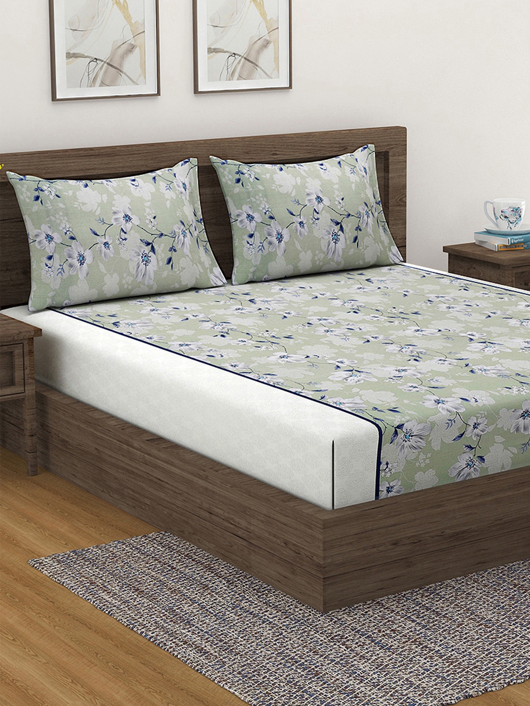 

Swayam Sparkle Soft Olive Green Floral 144TC Premium Cotton Double Bedsheet Set
