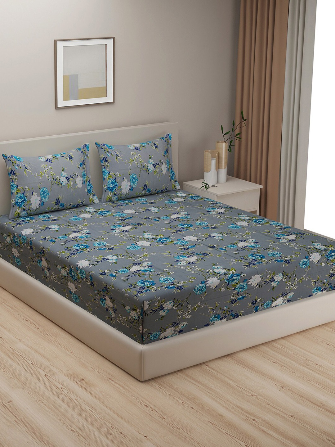 

SWAYAM Grey & Green Floral King Bedsheet with 2 Pillow Covers