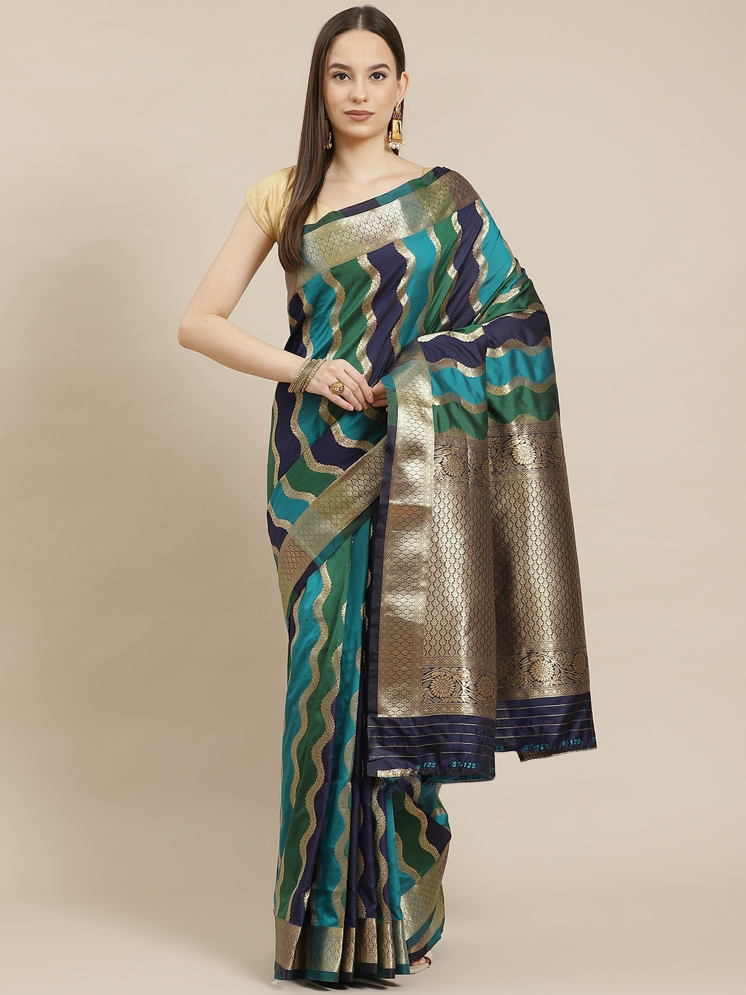 

Havida Sarees Navy Blue & Green Woven Design Zardozi Silk Blend Banarasi Saree