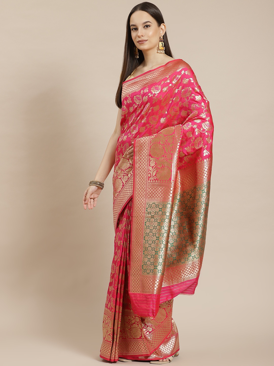 

Havida Sarees Pink & Gold-Toned Floral Silk Blend Banarasi Saree
