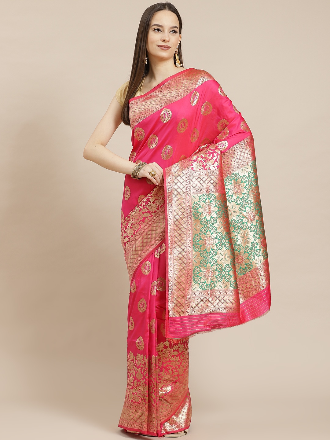 

Havida Sarees Pink & Pink Woven Design Zardozi Silk Blendr Banarasi Saree