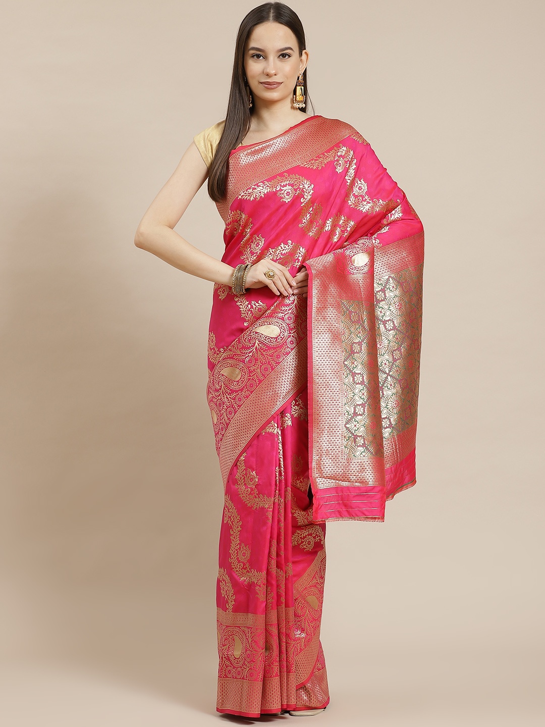 

Havida Sarees Pink Woven Design Silk Blend Ready to Wear Banarasi Saree