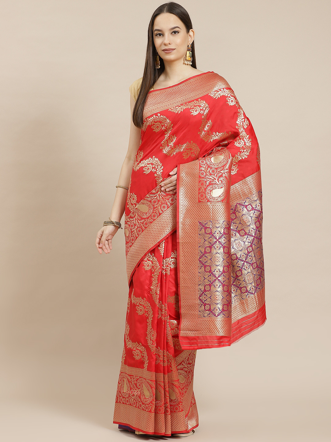 

Havida Sarees Red Ethnic Motifs Silk Blend Ready to Wear Banarasi Saree