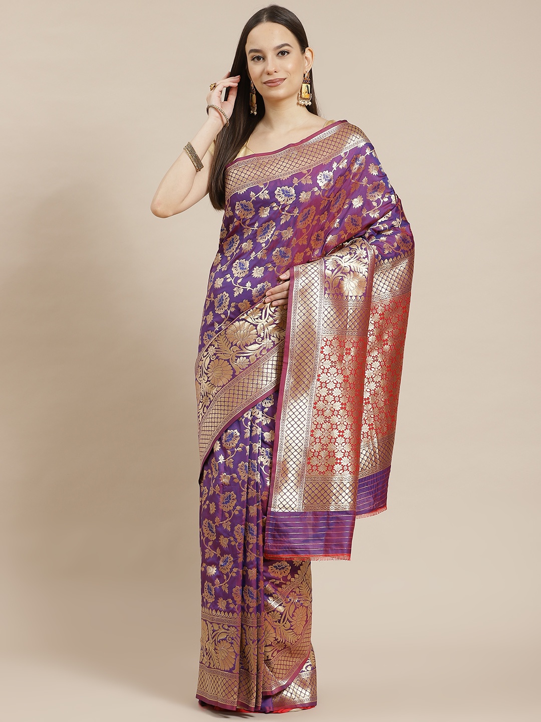 

Havida Sarees Blue & Gold-Toned Floral Zardozi Silk Blend Ready to Wear Banarasi Saree