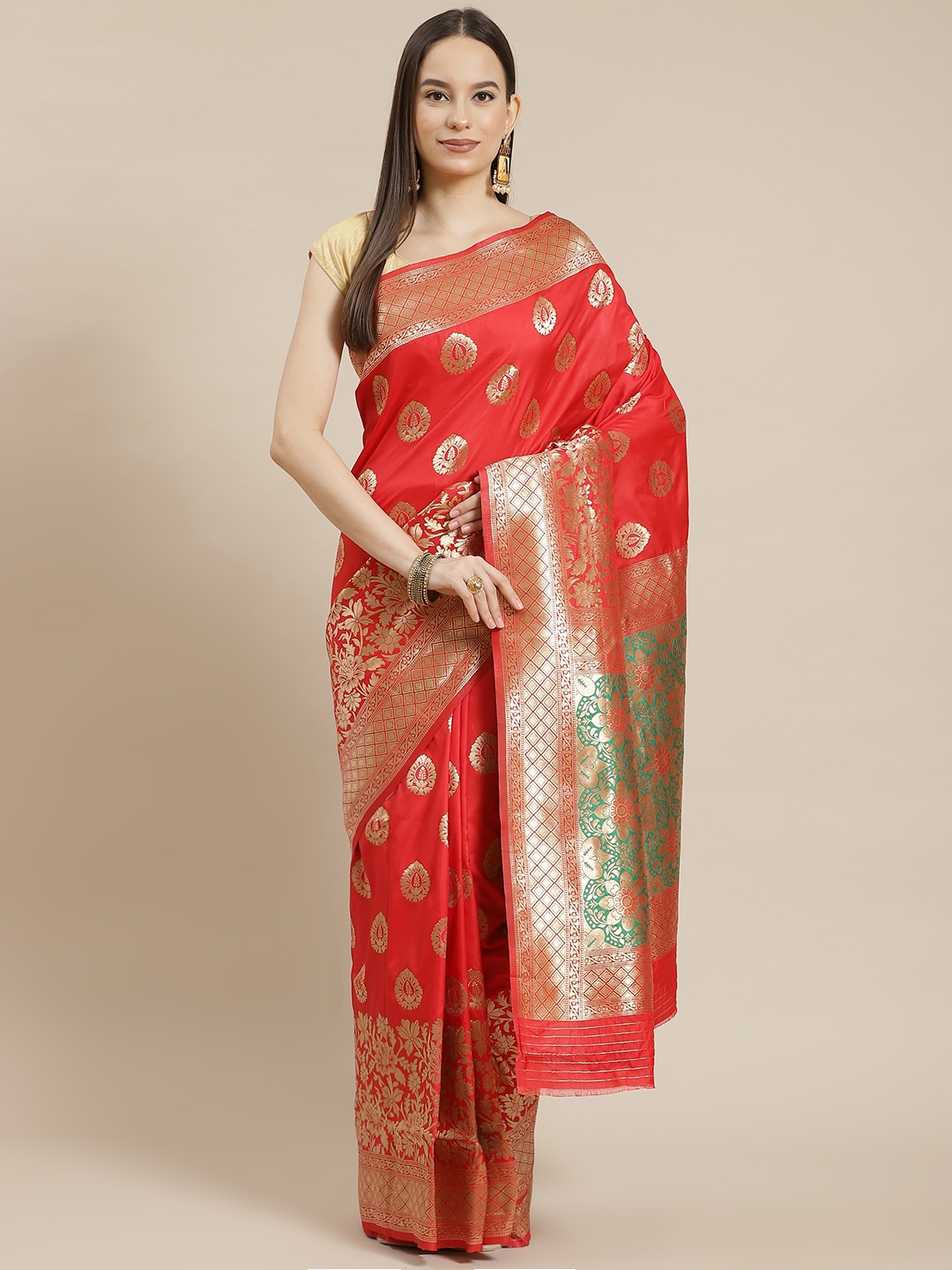 

Havida Sarees Red Floral Zari Silk Blend Ready to Wear Banarasi Saree