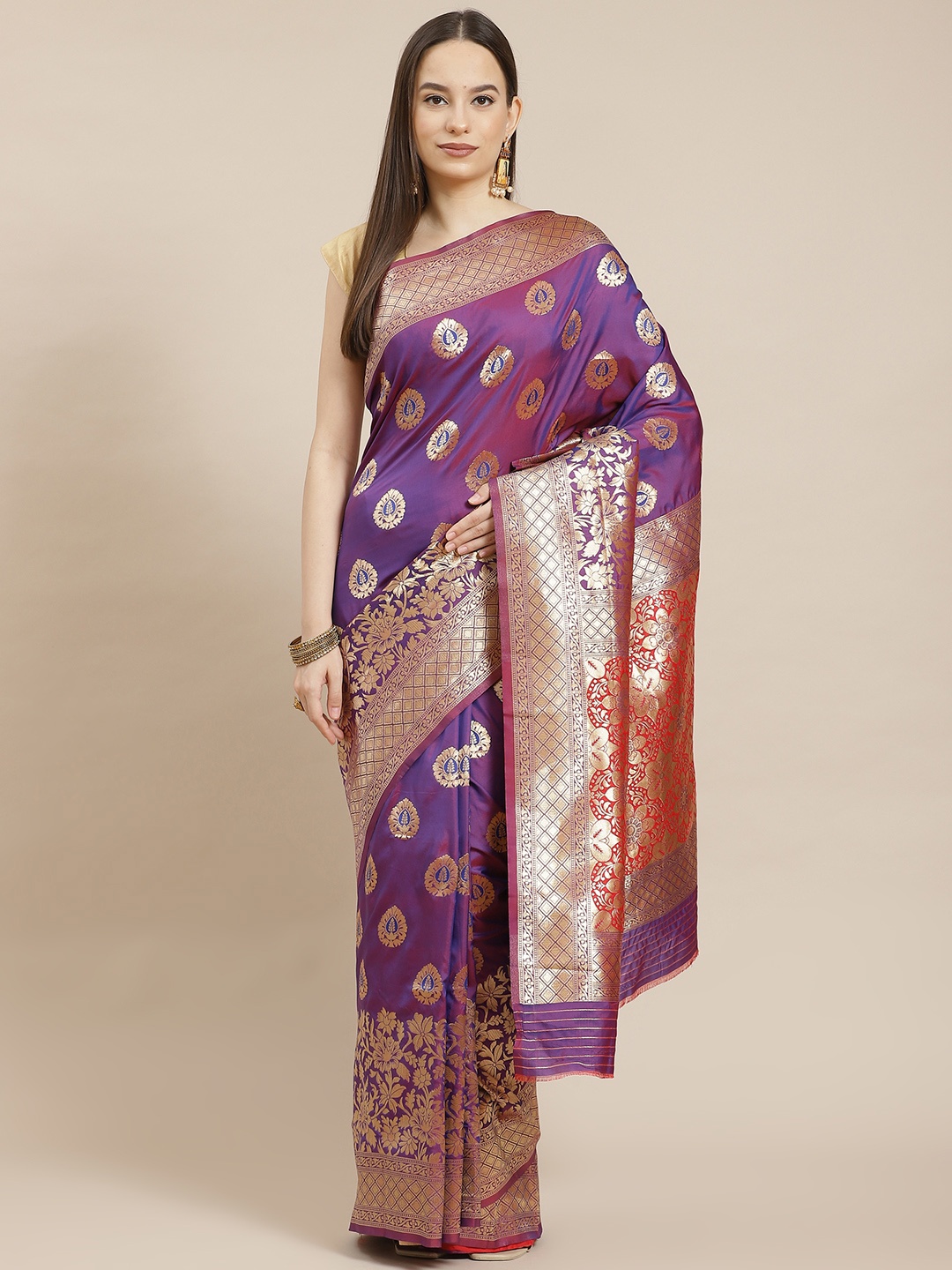 

Havida Sarees Purple Woven Design Silk Blend Ready to Wear Banarasi Saree