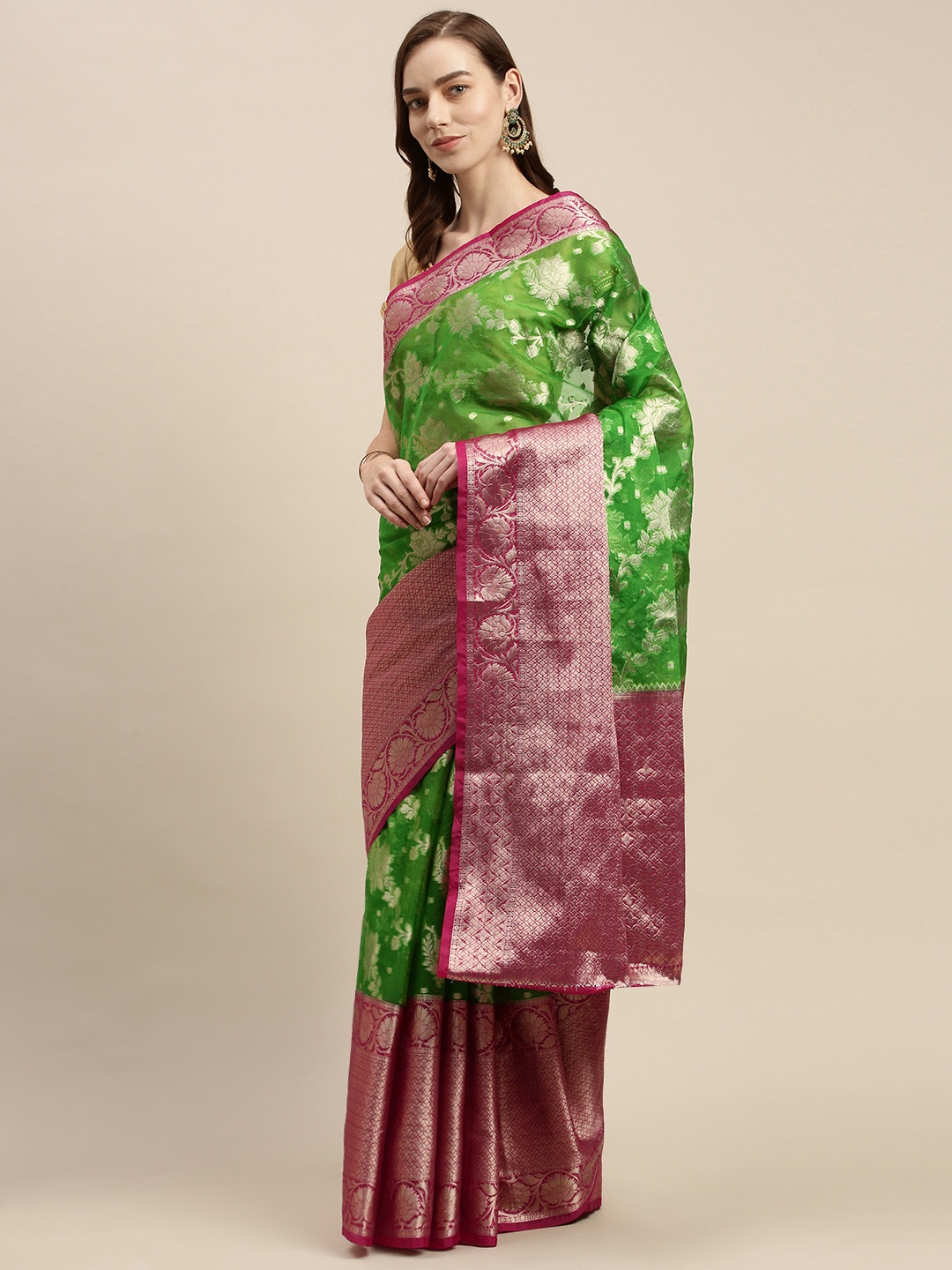 

swatika Green & Pink Ethnic Motifs Zari Handloom Organza Banarasi Saree