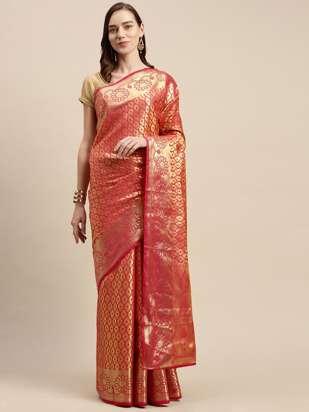 

swatika Pink & Gold Ethnic Motifs Zari Handloom Silk Blend Kanjeevaram Saree