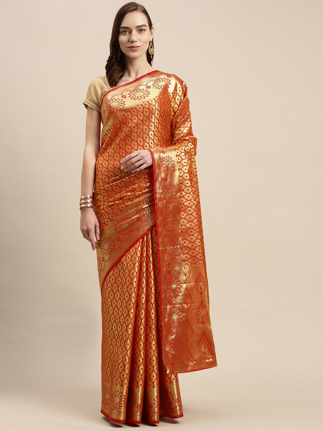 

swatika Red & Gold Ethnic Motifs Zari Handloom Silk Blend Kanjeevaram Saree