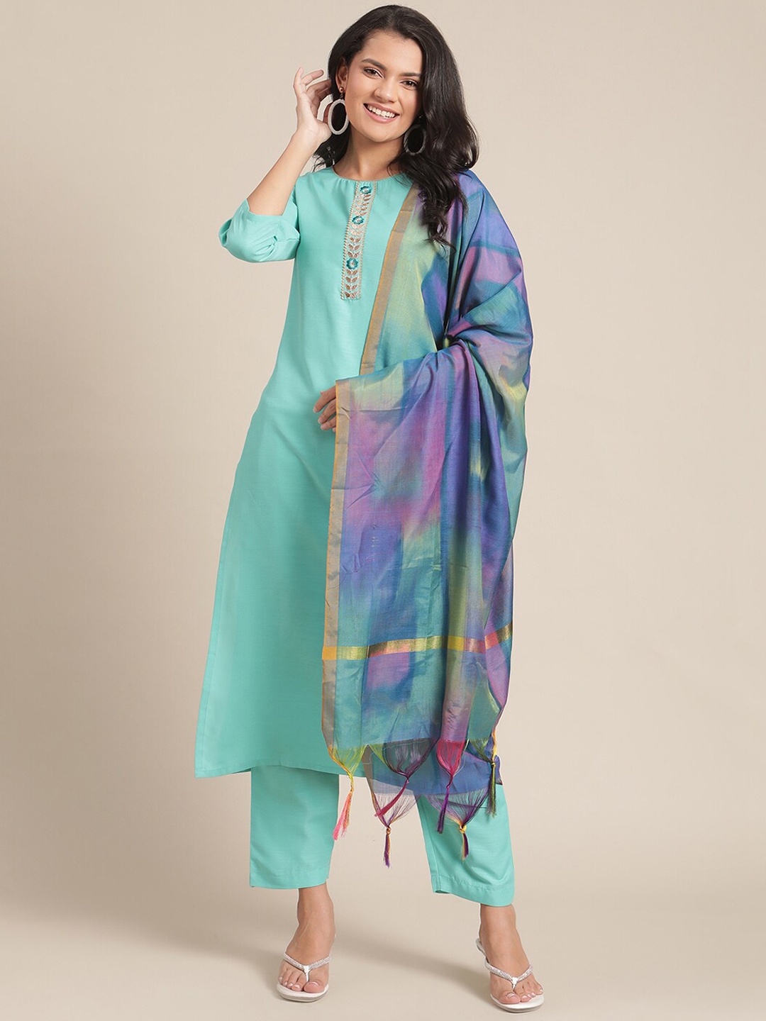 

Varanga Women Sea Green Yoke Design Kurta with Trousers & With Dupatta