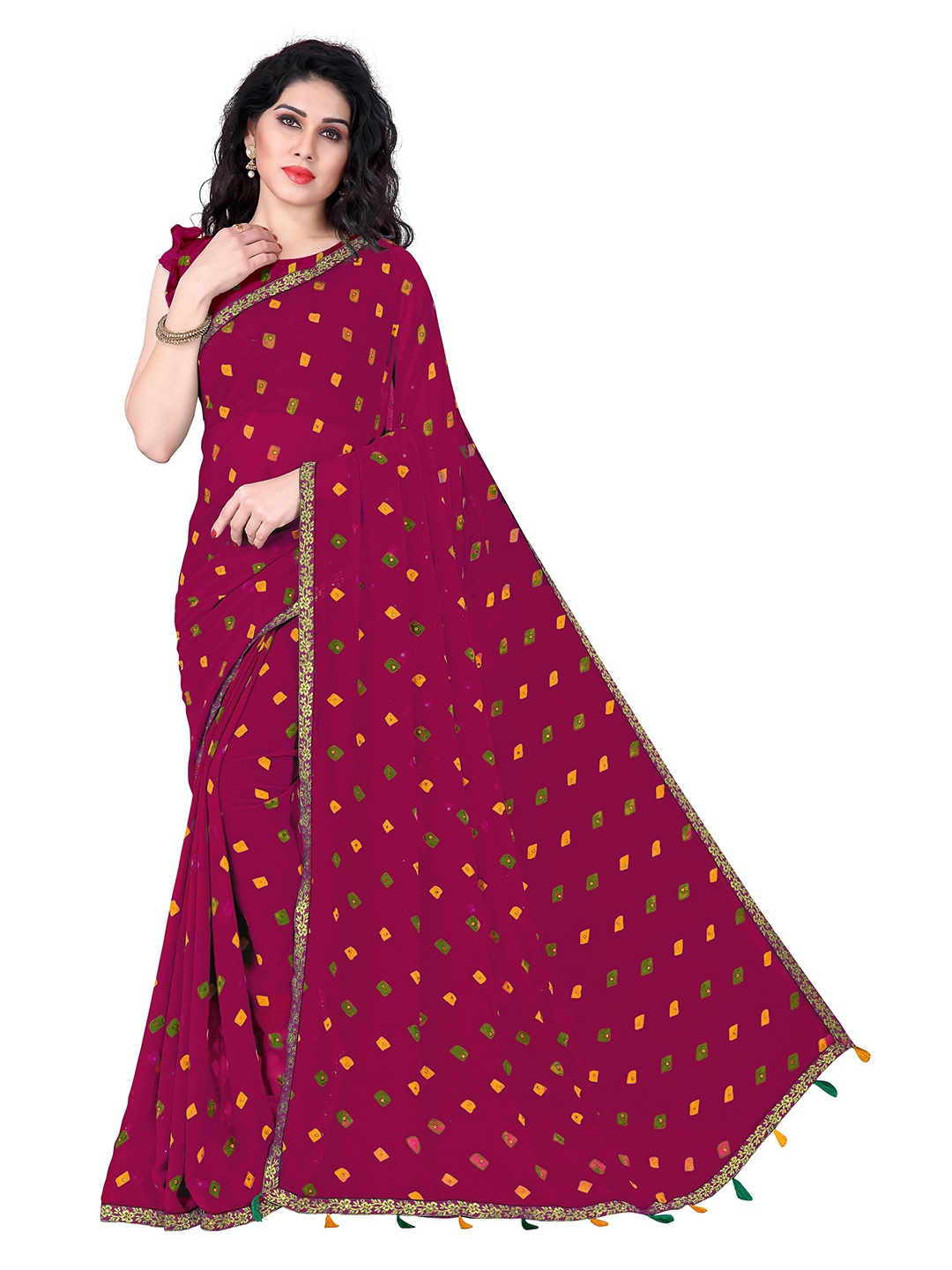 

KALINI Pink & Orange Bandhani Zari Faux Georgette Bandhani Saree