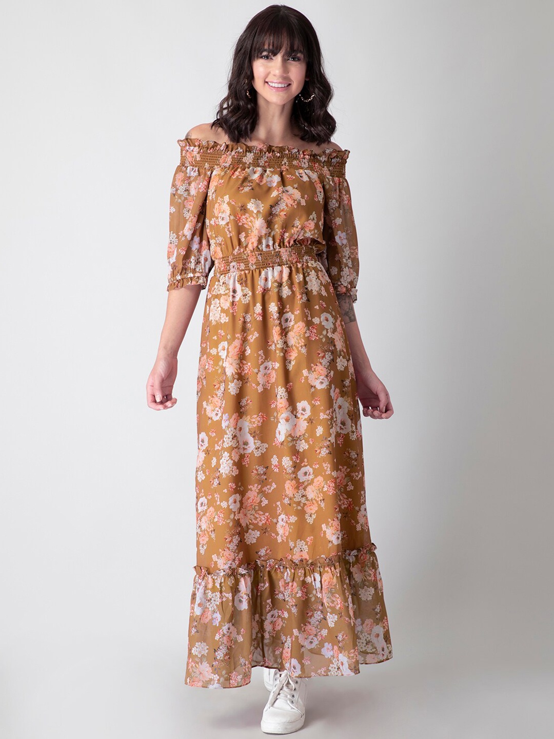 

FabAlley Women Brown Off Shoulder Floral Georgette Maxi Dress