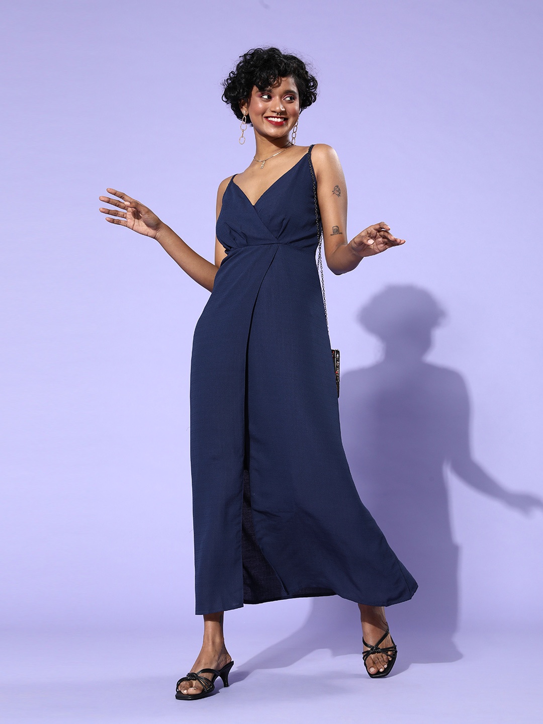 

Moda Rapido Navy Blue Pleated High Slit Empire Maxi Dress