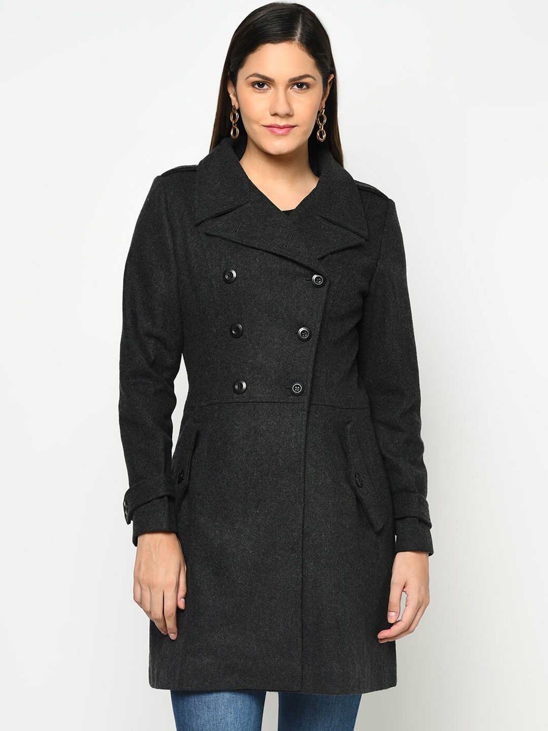 

Owncraft Women Charcoal Black Solid Woolen Overcoat